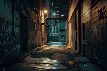 Grunge Noir Escape: Dark Urban Serenity. Atmospheric decay and weathered art in an enigmatic city alley. Nighttime allure. Generative AI