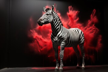  a statue of a zebra standing in front of a painting of a red sky with clouds and clouds behind it.