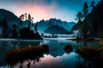 Printed roller blinds Reflection Lake Matheson at dawn, a symphony of colors reflected in the calm waters, surrounded by the mysterious silhouettes of mountains cloaked in fog.
