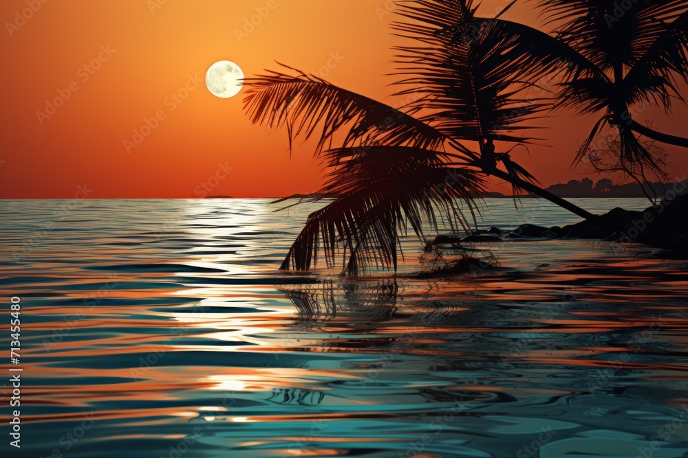 Poster the sun is setting over the ocean with a palm tree in the foreground and a full moon in the backgrou