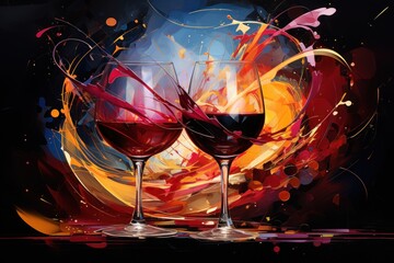  a painting of two glasses of red wine on a table with a splash of paint on the wall behind them.