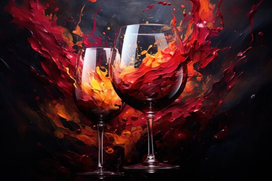  a painting of two wine glasses in front of a black background with red and yellow paint splashing on them.
