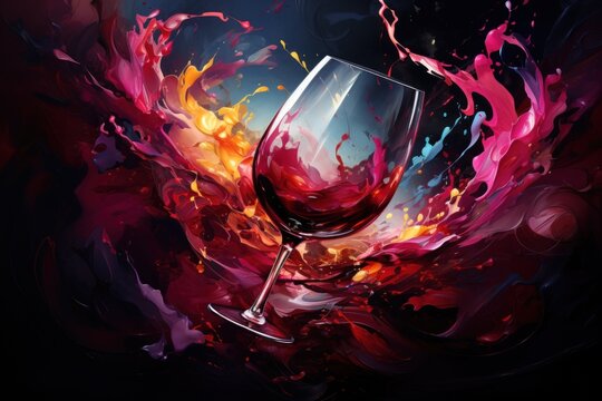  a painting of a glass of wine with a splash of red and yellow paint on the bottom of the glass.