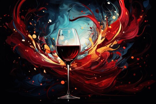  a glass of wine sitting on top of a table next to a painting of red and yellow swirls on a black background.