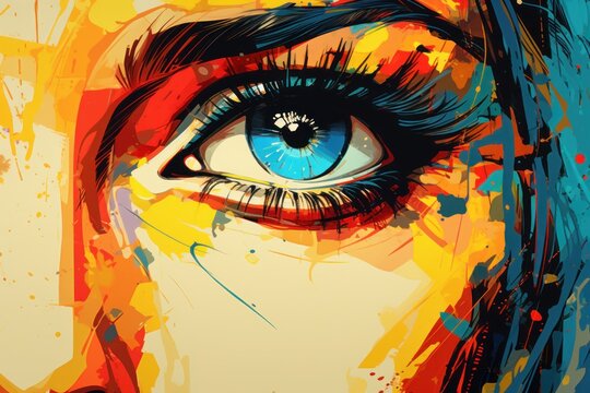  a painting of a woman's blue eye with colorful paint splatters on the side of her face.