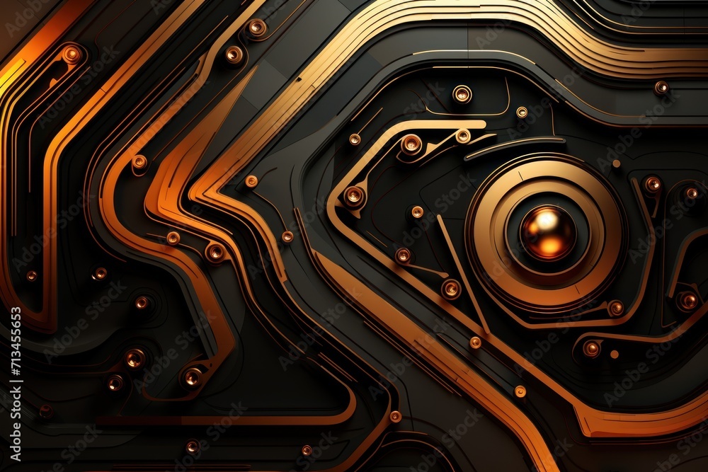 Poster a close up of a computer circuit board with a red ball in the center of the circuit board and a yell