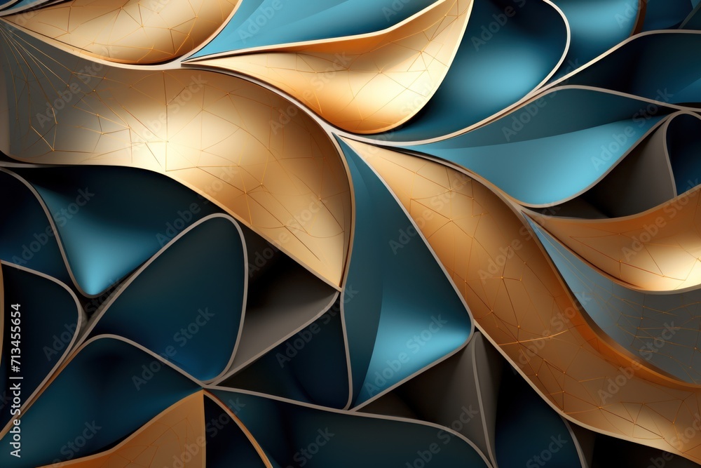 Poster a close up of a blue, gold and black background with a pattern of wavy, overlapping, overlapping sha