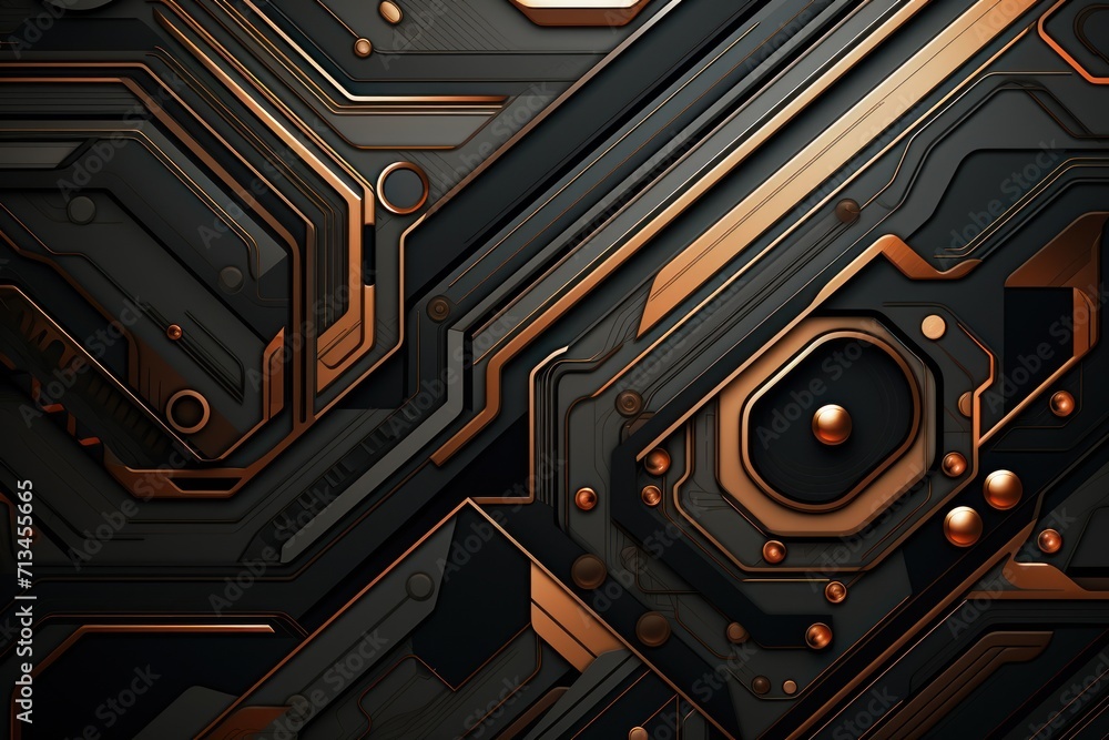 Poster a close up of a computer circuit board with a gold and black design on the bottom of the circuit boa