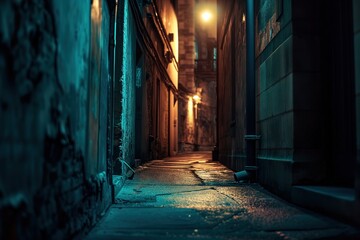 Fototapeta na wymiar Whispering Shadows: Dimly Lit Urban Enigma. Backstreet allure with worn structures and artistic graffiti. Midnight intrigue. Generative AI