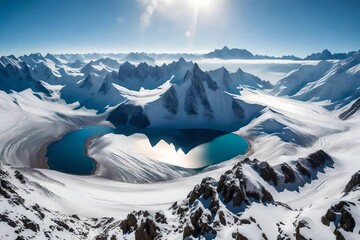 A captivating aerial image of the Chilean Andes during a snowfall, capturing the pure elegance of Laguna Del Inca and its surrounding snow-draped mountains