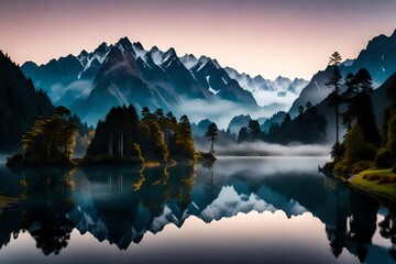 A breathtaking HD image of Lake Matheson at dawn, the water reflecting the subtle colors of the sky, with mist-draped mountains in the distance.