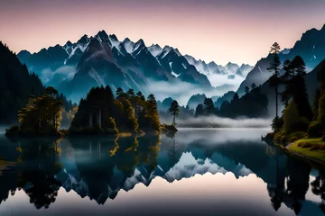 Fototapete Reflection A breathtaking HD image of Lake Matheson at dawn, the water reflecting the subtle colors of the sky, with mist-draped mountains in the distance.