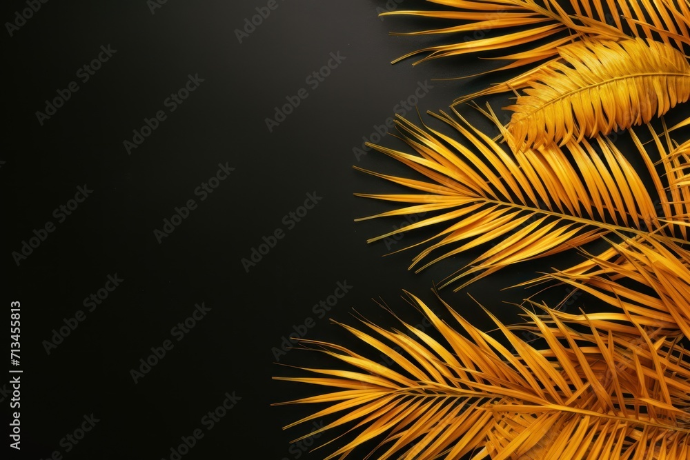 Poster a close up of a palm tree with yellow leaves on a black background with a place for a text or image.
