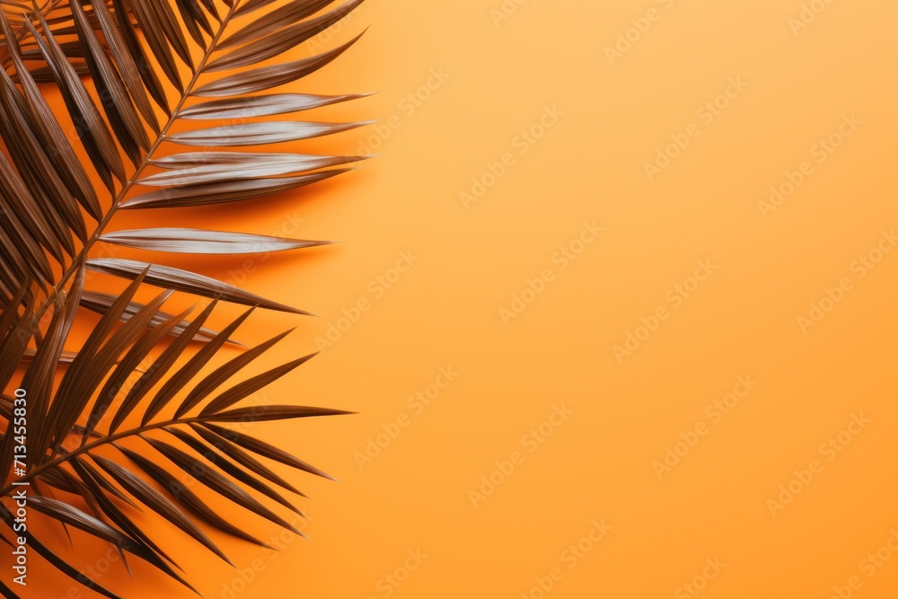 Poster  a close up of a palm tree leaf on an orange background with a place for a text or a picture.