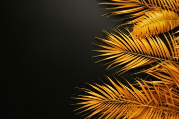  a close up of a palm tree with yellow leaves on a black background with a place for a text or image.