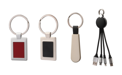 Collection of keychain, top view, isolated background. Diffirent color and shape keychain. Multi port charge.