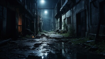 Mysterious Urban Twilight: Shadowed Backstreet Charm. Enigmatic nocturnal alley with moody ambiance. Cityscape Decay. Generative AI