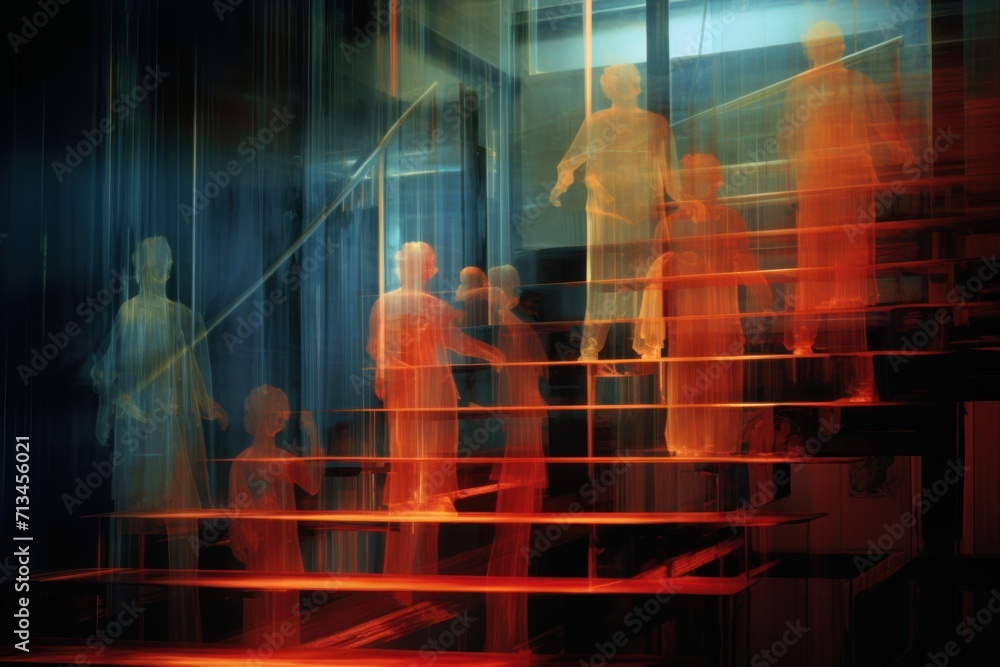 Aufkleber a group of people walking up a set of stairs in front of a window with a red and yellow light.