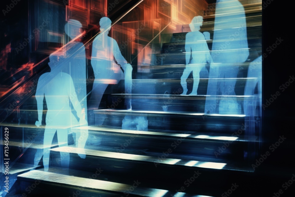 Poster a group of people standing on top of a set of stairs in front of a building with multiple colored li