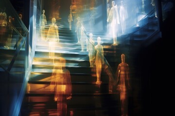  a group of people walking down a set of stairs next to a stair case with a light painting on it.