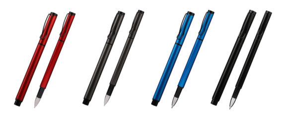 Collection of pen mockup for desk, top view, isolated background. Similar pens in different colors.