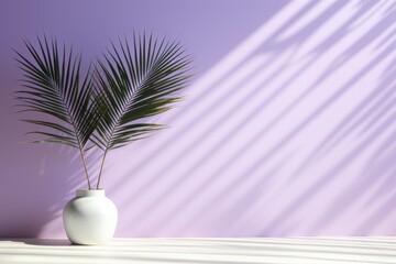 Fototapeta na wymiar a palm tree in a white vase against a purple wall with a shadow of a palm tree on the wall.