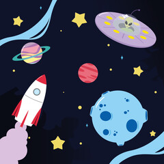Children's illustration of space, planets and spaceships.