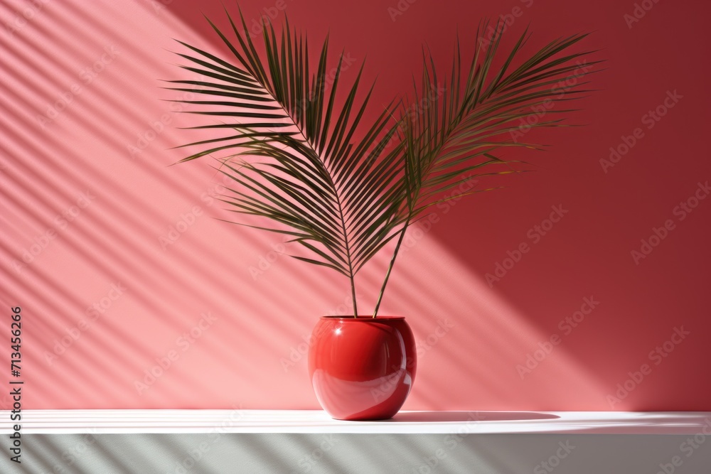 Poster a red vase with a green plant in it on a table against a pink wall with a shadow of a palm tree in i