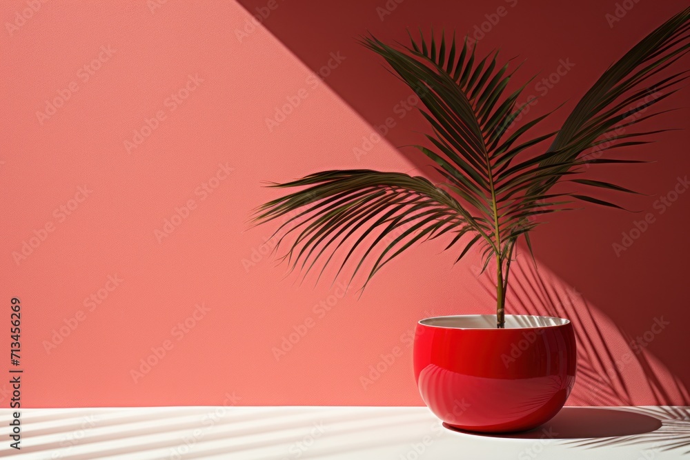 Poster a red vase with a plant in it on a table in front of a pink wall with a shadow of a palm tree.
