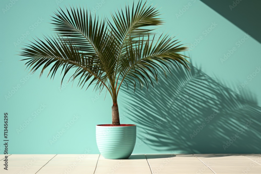Poster a palm tree in a white vase on a tile floor with a blue wall behind it and a shadow of a palm tree o