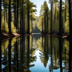 Reflections of towering trees mirrored on the glassy surface of a tranquil forest lake in a vertical frame