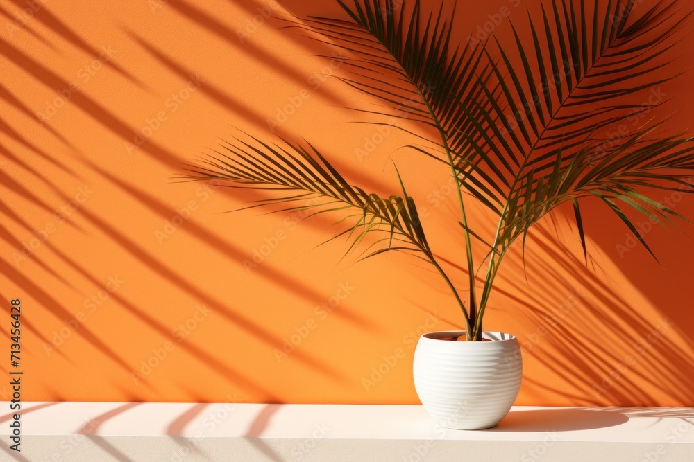 Poster a white vase with a plant in it on a table in front of a wall with a shadow of a palm tree on it.