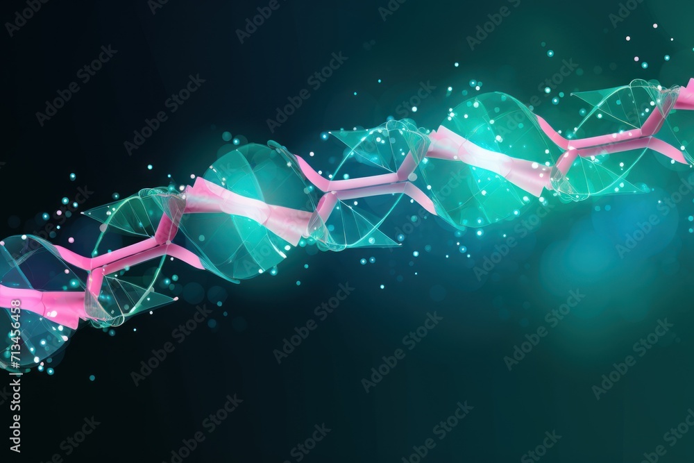 Poster a computer generated image of a pink and white ribbon on a blue and green background with a pink rib