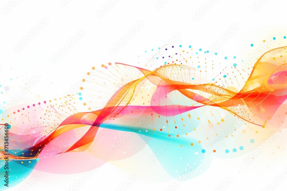 Poster a colorful abstract background with lines, dots, and dots in the shape of a wave on a white backgrou