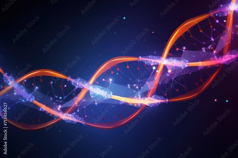 Poster a computer generated image of a double - strand of orange and purple lines and dots on a dark blue b