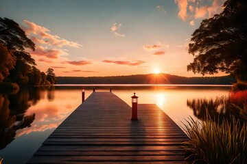 Render a high-quality image capturing the beauty of a summer sunset over a serene lake. An...