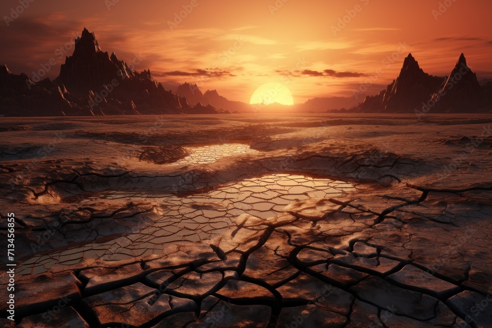 Poster a computer generated image of a landscape with mountains and a body of water in the foreground and a
