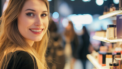 Young woman smiling at the camera at a fashion and beauty expo