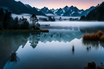 The captivating beauty of Lake Matheson at dawn, with the tranquil waters reflecting the soft colors of the morning sky, and mountains shrouded in a gentle fog.