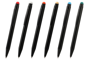 Collection of pen mockup for desk, top view, isolated background. Similar pens in different colors.