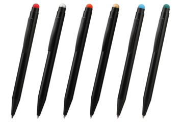 Collection of pen mockup for desk, top view, isolated background. Similar pens in different colors.