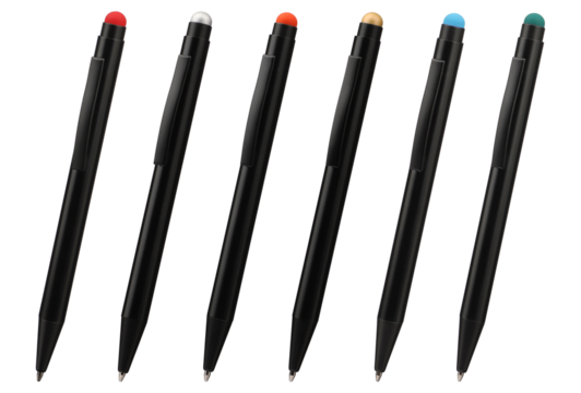Collection of pen mockup for desk, top view, isolated background. Similar pens in different colors.