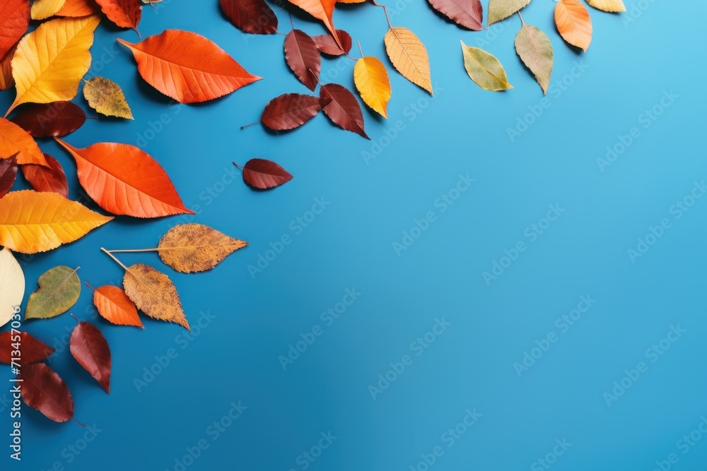 Poster colorful autumn leaves on a blue background with copy - space for a text or an image or a clipping.