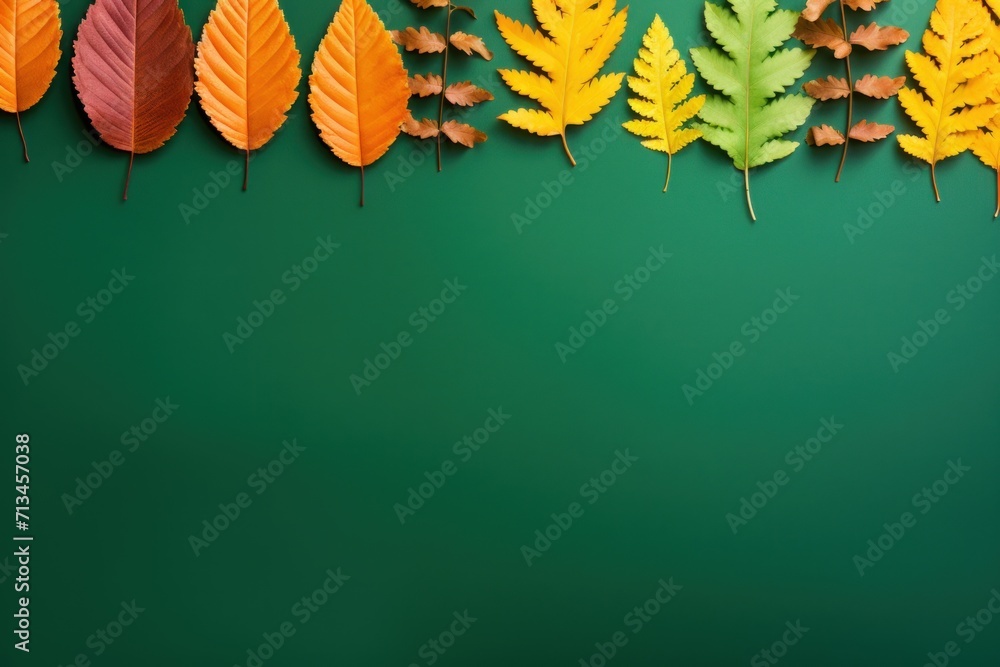 Poster a group of colorful leaves sitting on top of a green surface with space for a text on the left side 