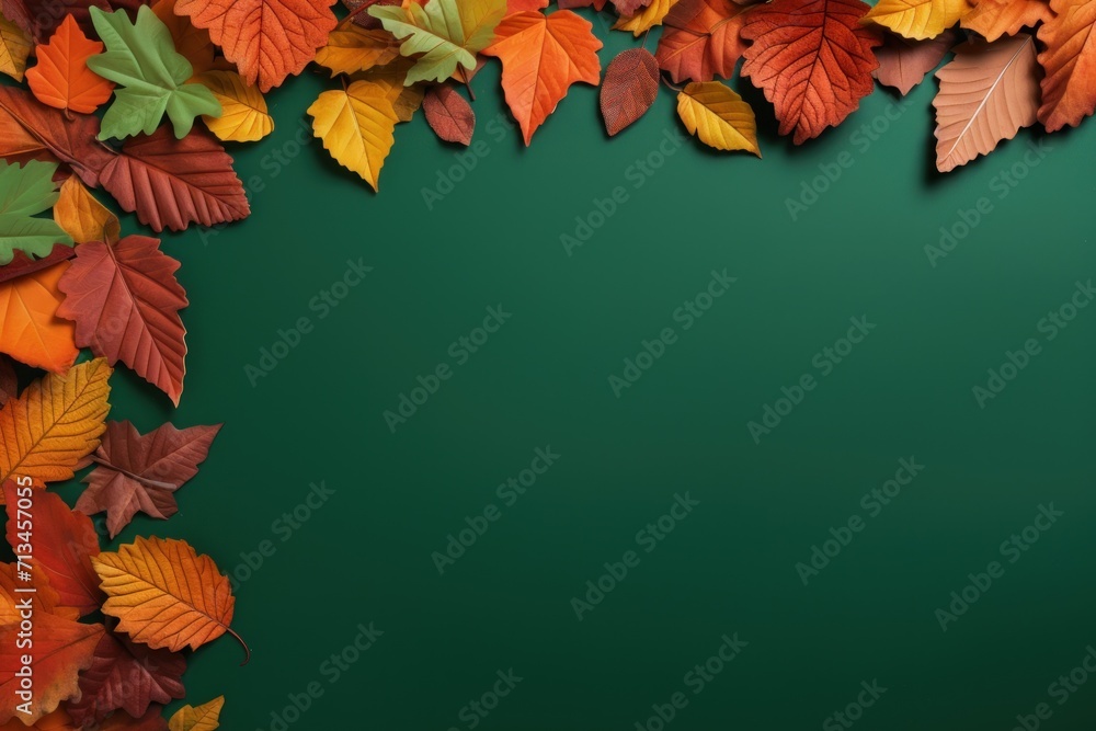 Poster a green background with orange and yellow leaves on the bottom and bottom of the image on the bottom