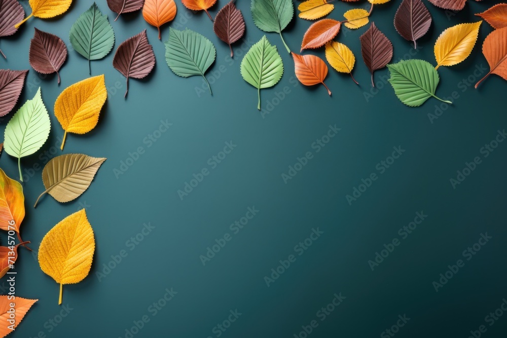 Poster a group of colorful leaves floating on top of a dark green surface with space for a text on the left