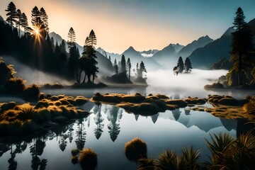 The ethereal beauty of Westland District, captured in high definition, with a dreamlike scene of Lake Matheson surrounded by mist-shrouded mountains at sunrise.