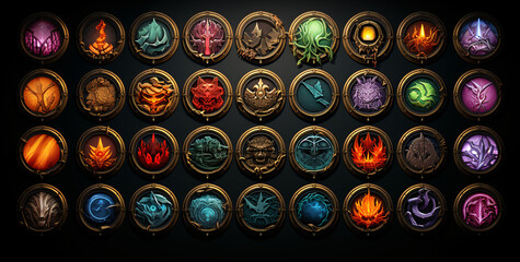A collection of decorative mystical gaming medallions, each glowing with a unique fire or magical emblem. - obrazy, fototapety, plakaty