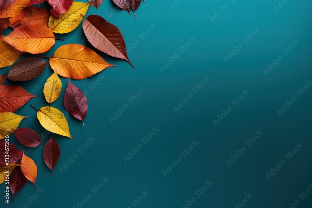 Poster a group of colorful leaves floating on top of a teal blue background with space for a text or image.