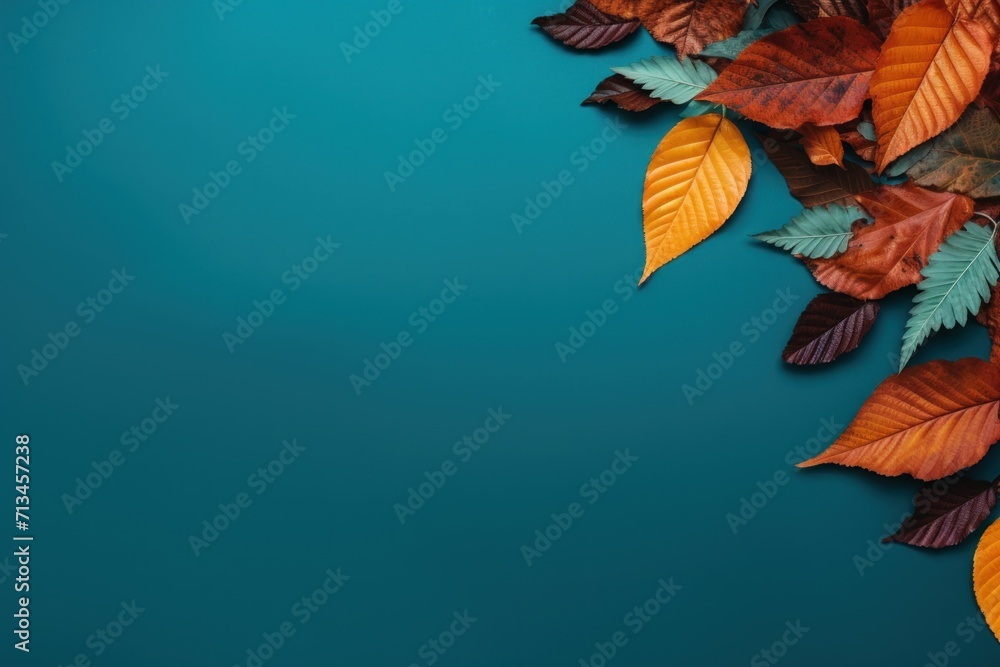 Poster autumn leaves on a blue background with a place for a text or an image to put on a card or brochure.